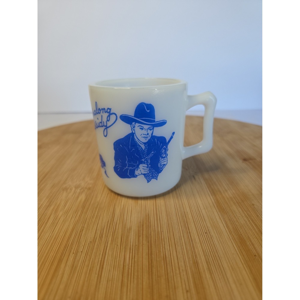 Vintage Hopalong Cassidy Milk Glass Child Cup Blue White Cowboy Mug 3oz